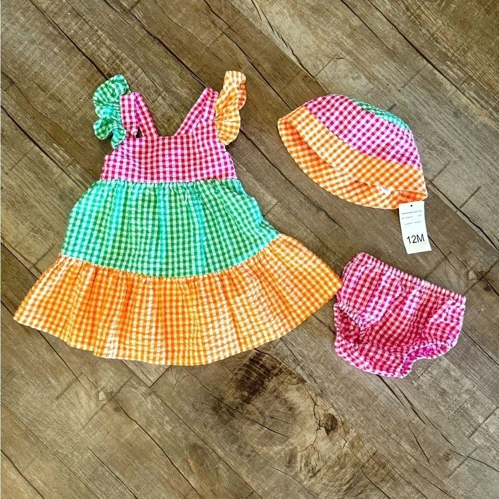 Bonnie Baby Girls 12M 3pc Gingham Dress Set Hat Diaper Cover Pink Green Orange